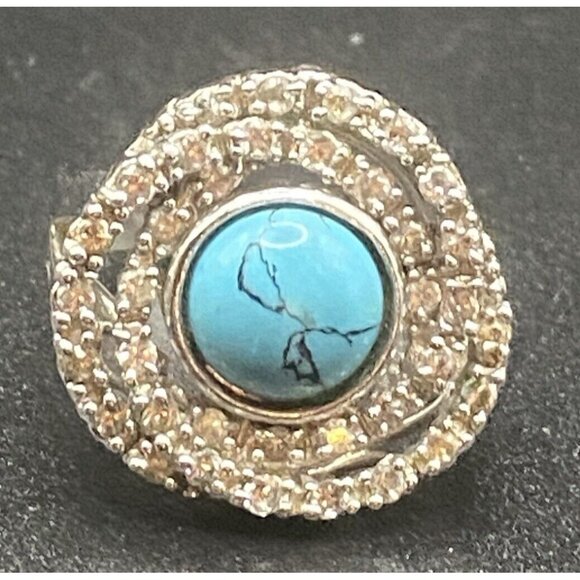 Turquoise Cabochon Ring w/ Orbiting Numerous CZ Split Shank Size 6 Futuristic - Picture 2 of 7
